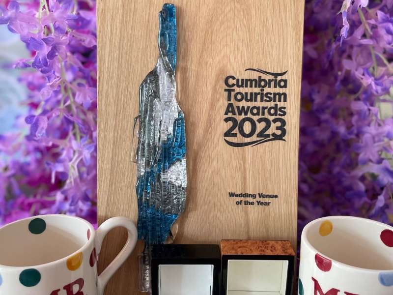 Cumbria tourism award with Emma & Andy's wedding rings and super special mugs